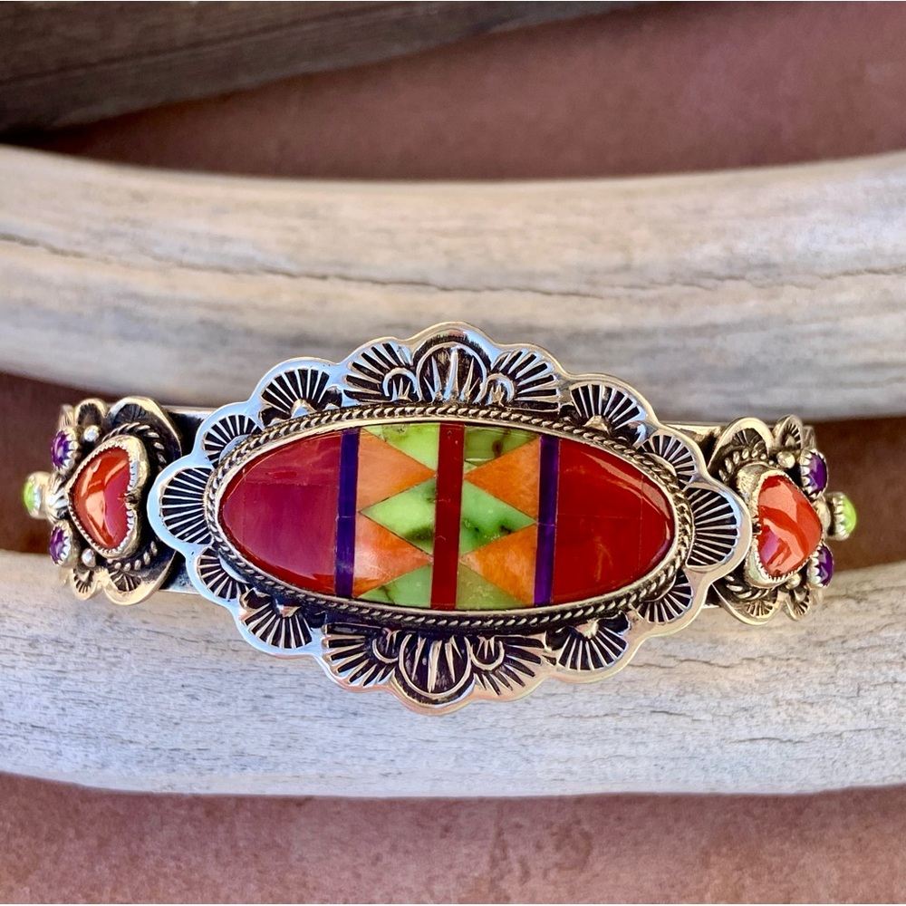 Aldrich * Beautiful Red Coral Sugilite & Demoli Turquoise Inlay Cuff Bracelet